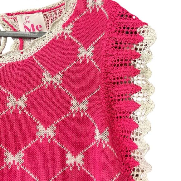 SO ME Pink Bow Ribbon Pattern Sweater Top with Back Key Hole Size Large NWT - Picture 9 of 13